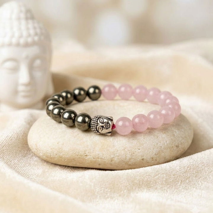 Rose quartz and golden pyrite healing stone bracelet with pink and metallic gold 8mm beads. India’s Largest Pooja Accessories Brand - www.satvikworld.com
