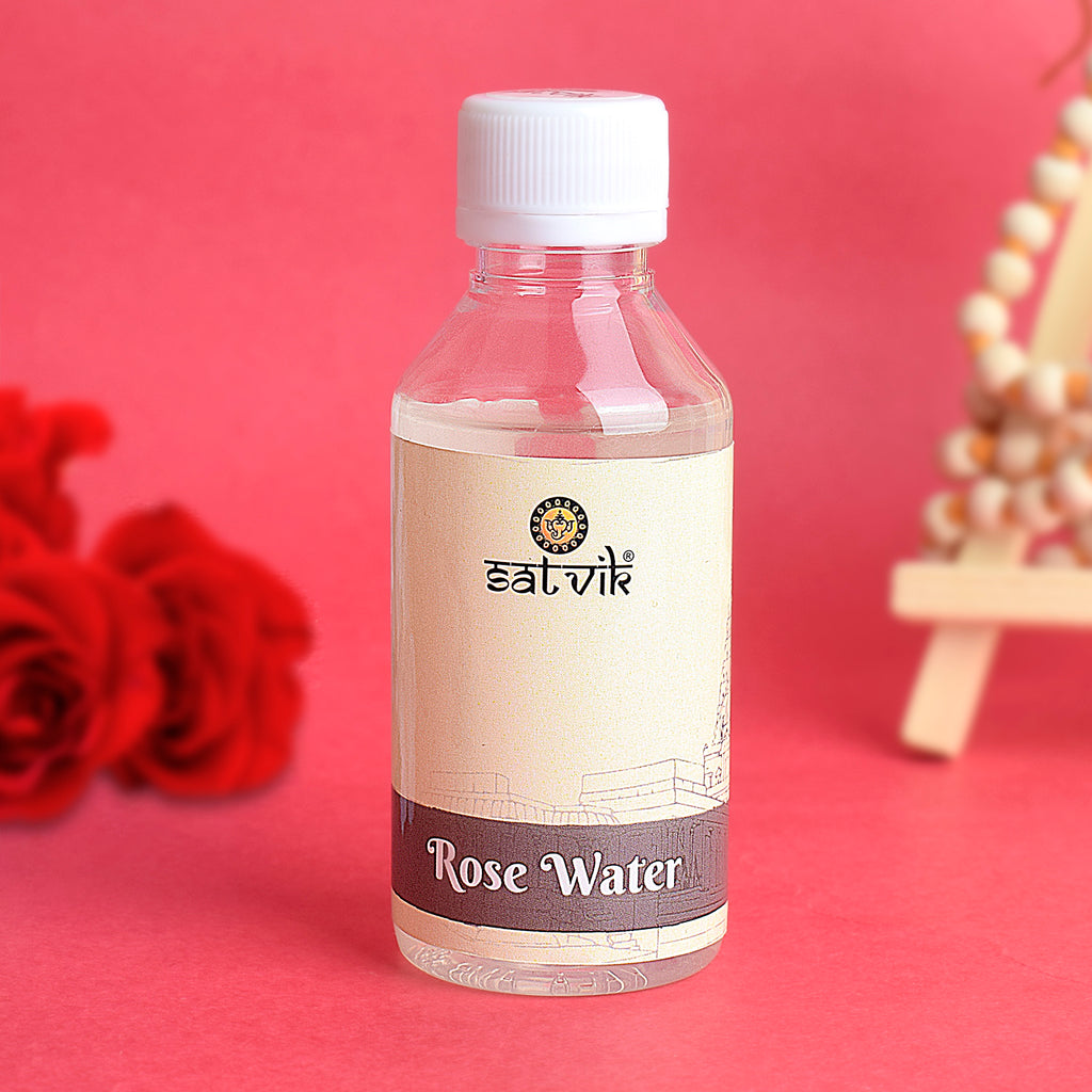 A bottle of Rose Water (Gulab Jal), a natural, fragrant water used in pooja ceremonies, skincare, and as a sacred offering in rituals. India’s Largest Pooja Accessories Brand – www.satvikworld.com