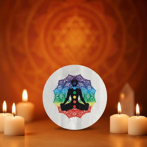 Round 7 chakra selenite charging plate for crystal cleansing and chakra balance. India’s Largest Puja Accessories Brand- www.satvikworld.com
