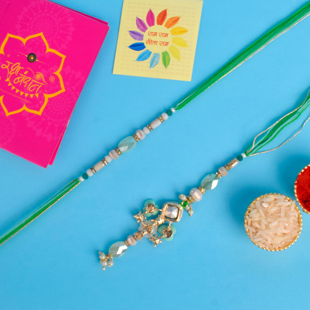 Designer Couple Rakhi Set for Bhaiya and Bhabhi with Roli Chawal and Ram Sita Stickers – Raksha Bandhan Gift Combo. India’s Largest Brass Idols Brand - www.satvikworld.com