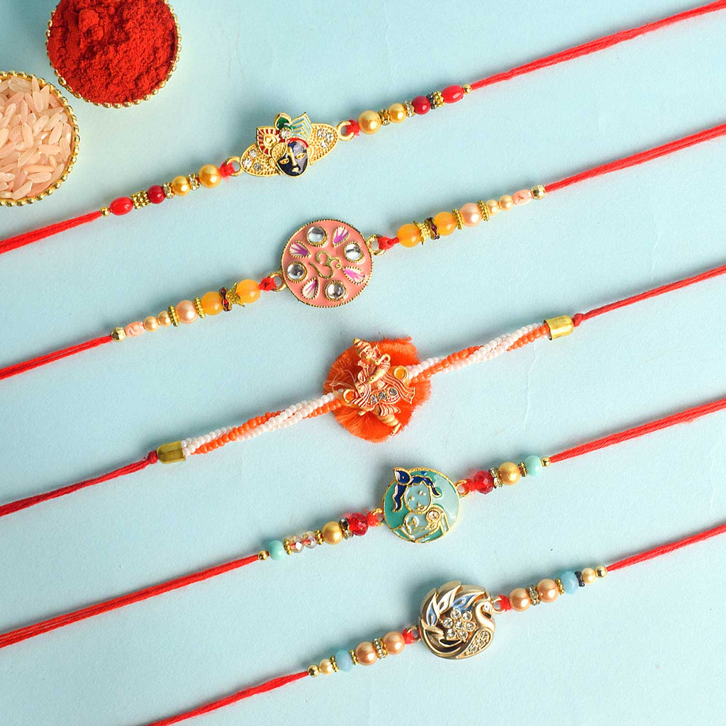 Set of 5 Designer Rakhi Threads with Roli Chawal and Ram Sita Stickers for Raksha Bandhan Celebration. India’s Largest Pooja Accessories Brand - www.satvikworld.com