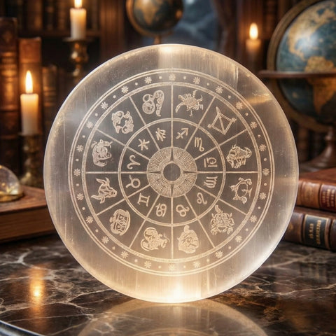 Selenite crystal recharging plate with zodiac sign engraving for crystal cleansing. India’s Largest Puja Accessories Brand- www.satvikworld.com