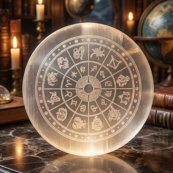 Selenite crystal recharging plate with zodiac sign engraving for crystal cleansing. India’s Largest Puja Accessories Brand- www.satvikworld.com