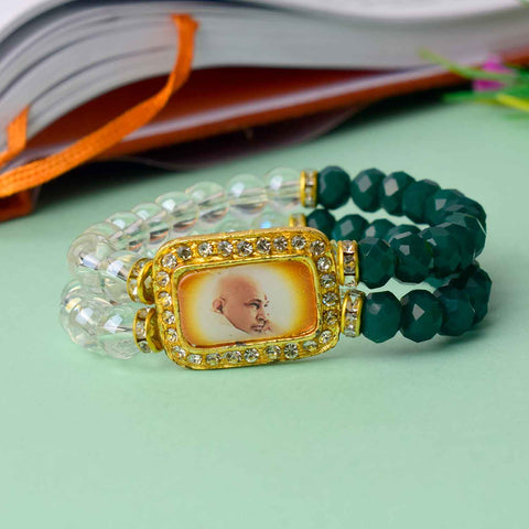 Serene Guruji Swaroop Bracelet featuring clear beads and assorted colored beads – perfect for daily wear, spiritual occasions, and gifting. India’s Largest Pooja Accessories Brand – www.satvikworld.com