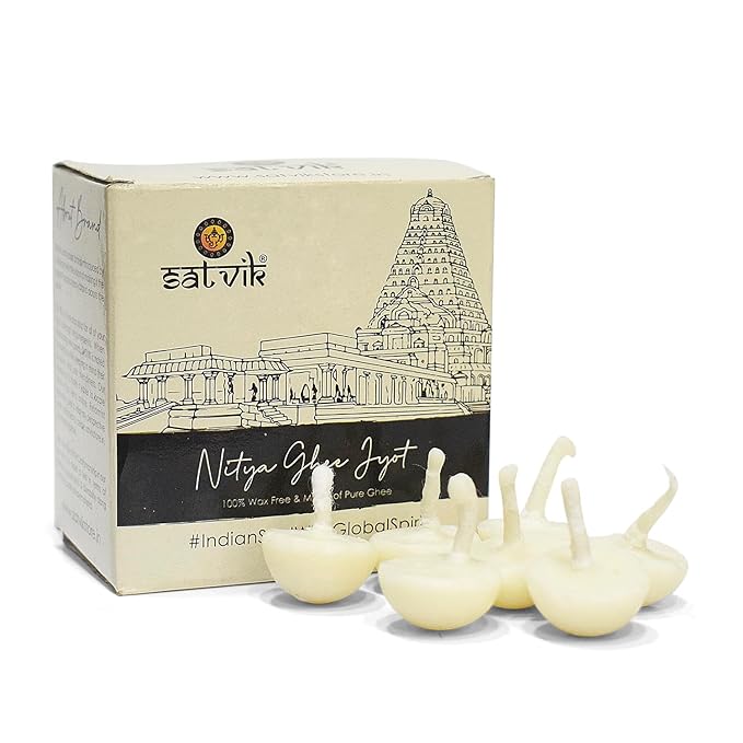 Set of 30 Pure Ghee Diya Wicks (Wax Free), perfect for daily aarti and spiritual rituals. Natural, handmade, and eco-friendly for a clean and sacred flame. India’s Largest Pooja Accessories Brand – www.satvikworld.com