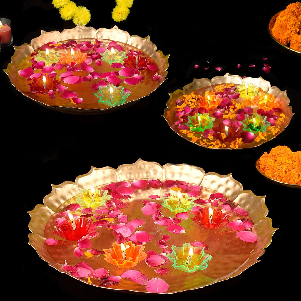 Set of 3 beautifully crafted metal lotus-shaped urlis with floating diyas, perfect for traditional home decor, pooja setup, and festive celebrations.India’s Largest Pooja Accessories Brand – www.satvikworld.com 