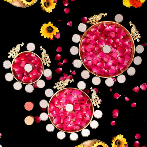 Set of 3 decorative metal urli bowls with intricate peacock and floral design, each featuring a central tea light holder for festive and spiritual home decoration. India’s Largest Pooja Accessories Brand – www.satvikworld.com