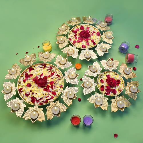 Set of 3 lotus petals shaped metal urlis with tea light candles, perfect for festive and decorative home use. India’s Largest Pooja Accessories Brand – www.satvikworld.com