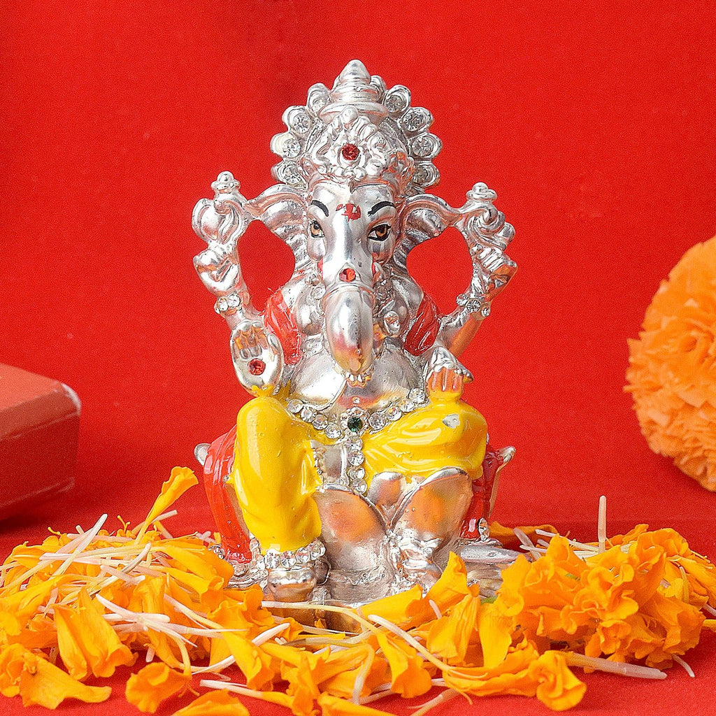 Silver Ganesh Idol – An intricately designed Lord Ganesha statue made from premium silver, symbolizing prosperity, wisdom, and the remover of obstacles. Perfect for home temples, offices, or as a decorative piece. India’s Largest Pooja Accessories Brand – www.satvikworld.com