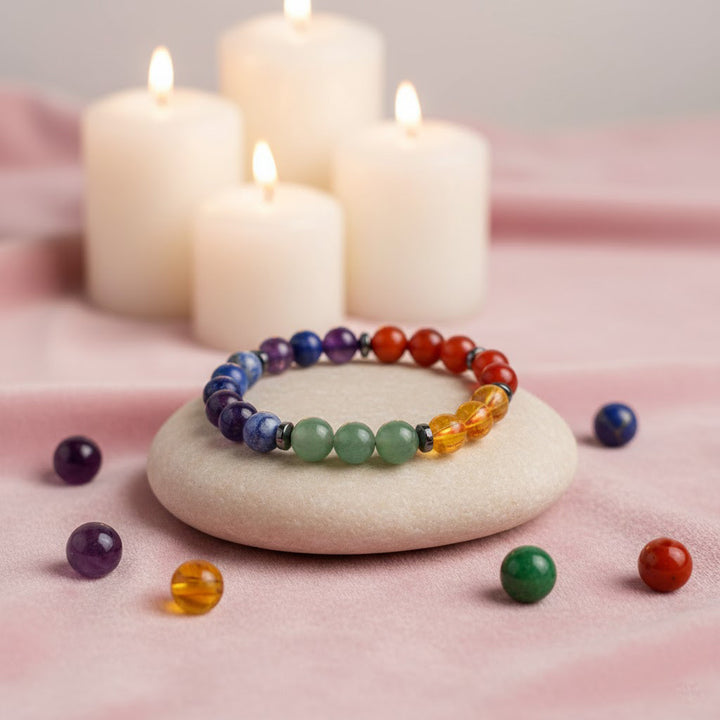 Stretchable 7 chakra healing stone bracelet with 8mm multicolor beads. India’s Largest Pooja Accessories Brand - www.satvikworld.com
