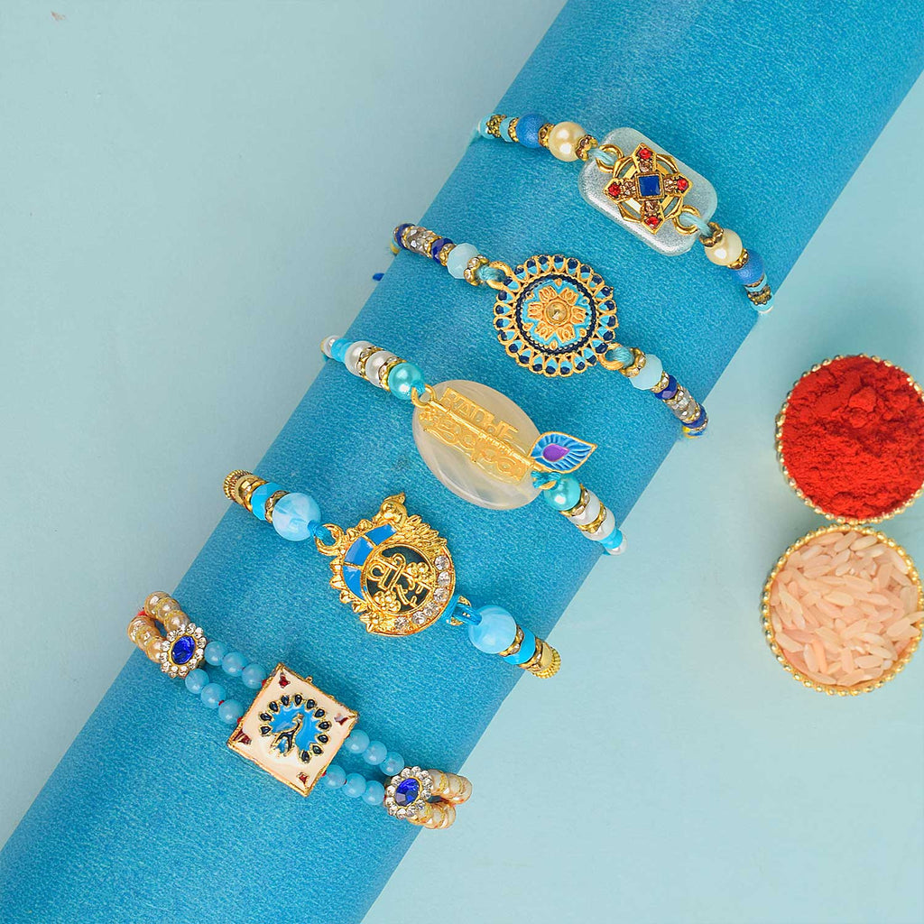 Set of 5 Designer Rakhi Threads with Roli Chawal and Ram Sita Stickers for Raksha Bandhan Celebration. India’s Largest Pooja Accessories Brand - www.satvikworld.com