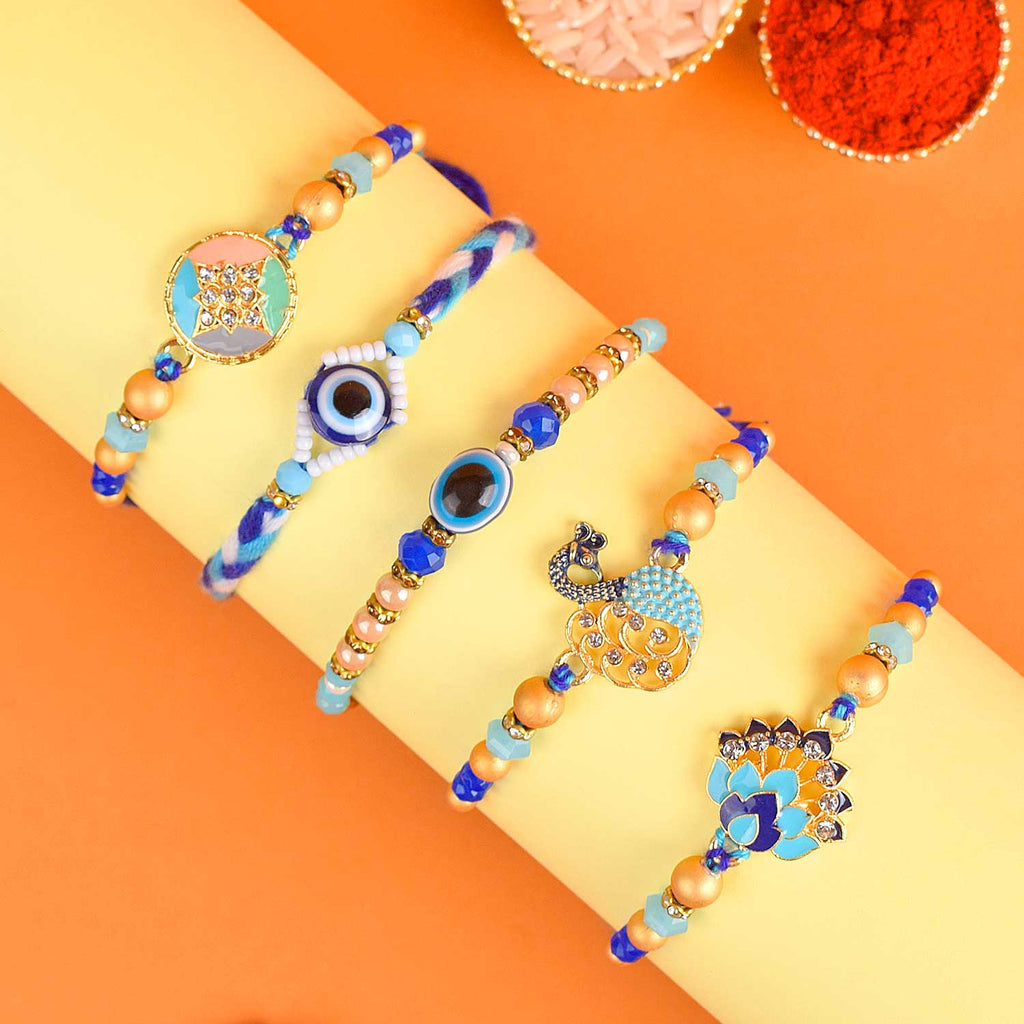 Set of 5 Designer Rakhi Threads with Roli Chawal and Ram Sita Stickers for Raksha Bandhan Celebration. India’s Largest Pooja Accessories Brand - www.satvikworld.com