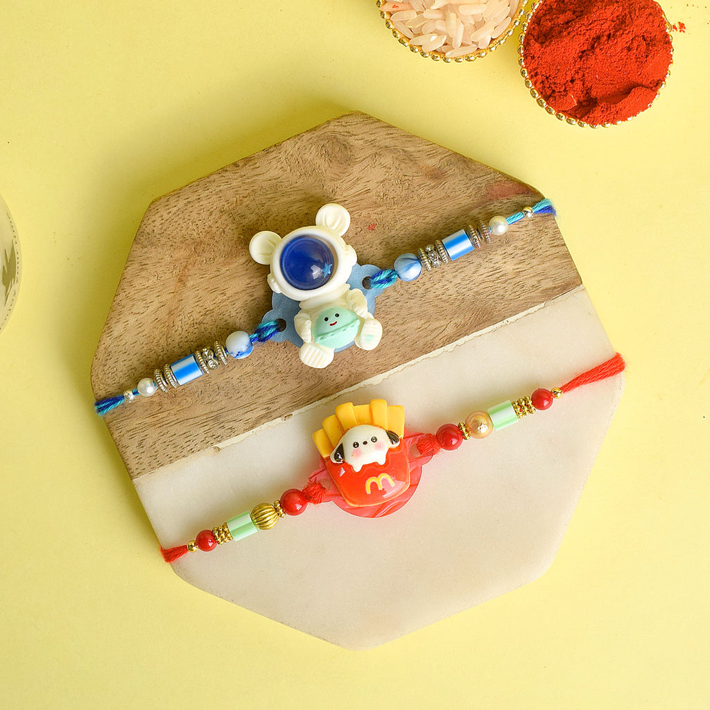 Set of 2 Cartoon-Themed Kids Rakhi with Roli Chawal and Ram Sita Stickers – Raksha Bandhan Gift Combo for Children. India’s Largest Pooja Accessories Brand - www.satvikworld.com