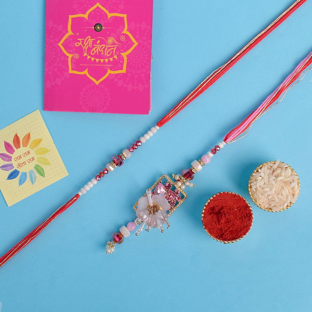 Designer Couple Rakhi Set for Bhaiya and Bhabhi with Roli Chawal and Ram Sita Stickers – Raksha Bandhan Gift Combo. India’s Largest Brass Idols Brand - www.satvikworld.com