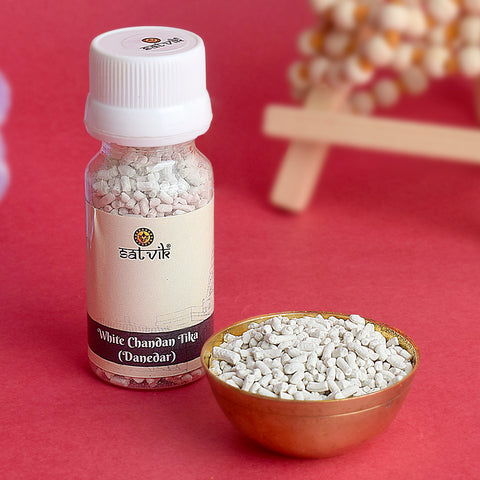 White Chandan / Gopi Chandan Tika Danedar paste in a small container, ideal for traditional tilak rituals and religious use. India’s Largest Pooja Accessories Brand – www.satvikworld.com
