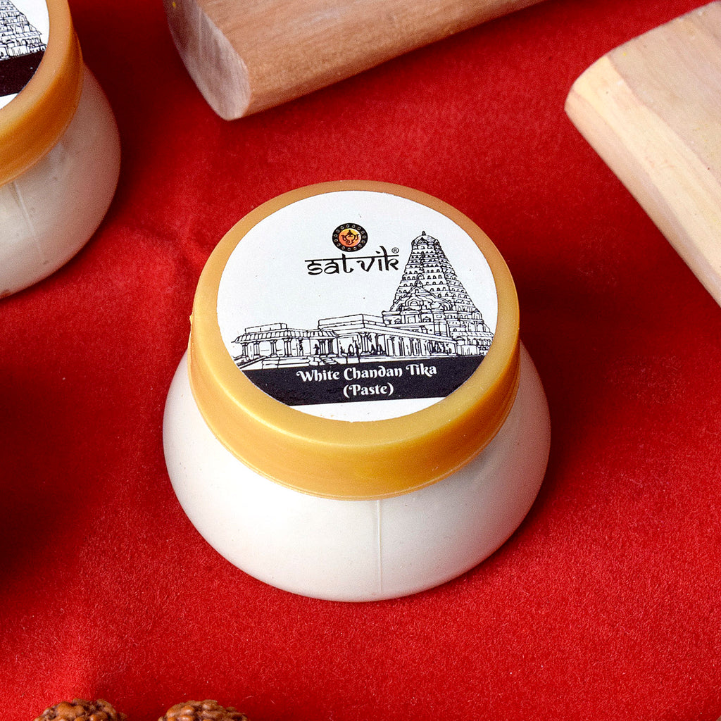 White Chandan or Gopi Chandan Tika Paste (Safed Chandan Tilak), a sacred and traditional paste used for applying tilak during religious ceremonies, poojas, and devotional rituals, made from pure white sandalwood for spiritual blessings. India’s Largest Pooja Accessories Brand – www.satvikworld.com