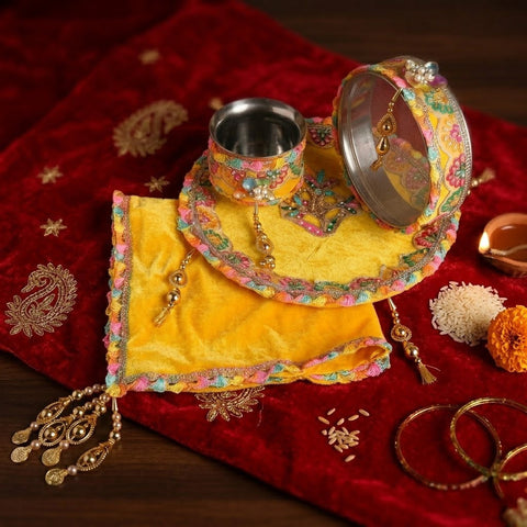 Yellow Karwa Chauth Thali Set | India’s Largest Pooja Accessories Brand – www.satvikworld.com

