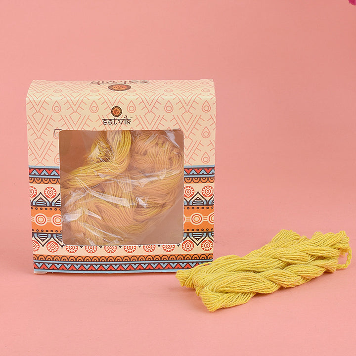 Yellow cotton janeu thread, symbolizing purity and spiritual significance, commonly used in Hindu rituals, poojas, and yagnas for sacred ceremonies. India’s Largest Pooja Accessories Brand – www.satvikworld.com