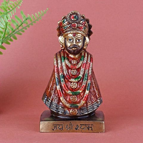 Colorful brass idol of Shree Khatu Shyam Ji depicted in a traditional standing posture, adorned with vibrant hues and intricate detailing. India’s Largest Pooja Accessories Brand – www.satvikworld.com