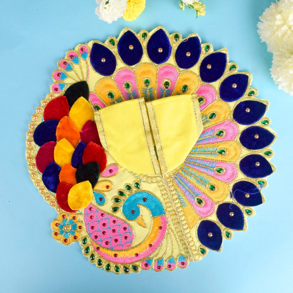 Attractive peacock design dresses for Laddu Gopal in sizes 0 to 6, perfect for pooja and festivals. India’s Largest Pooja Accessories Brand – www.satvikworld.com