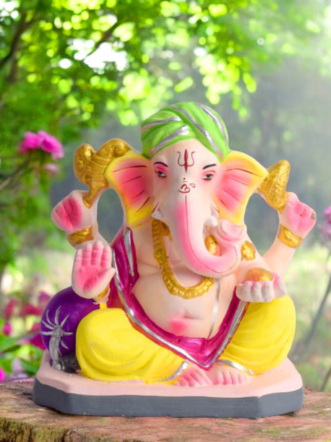 6-inch eco-friendly Ganesha idol seated in Padmasana pose, hand-painted in vibrant colors, made from biodegradable shadu mati clay, ideal for small home temples and festive decor. India’s Largest Pooja Accessories Brand – www.satvikworld.com