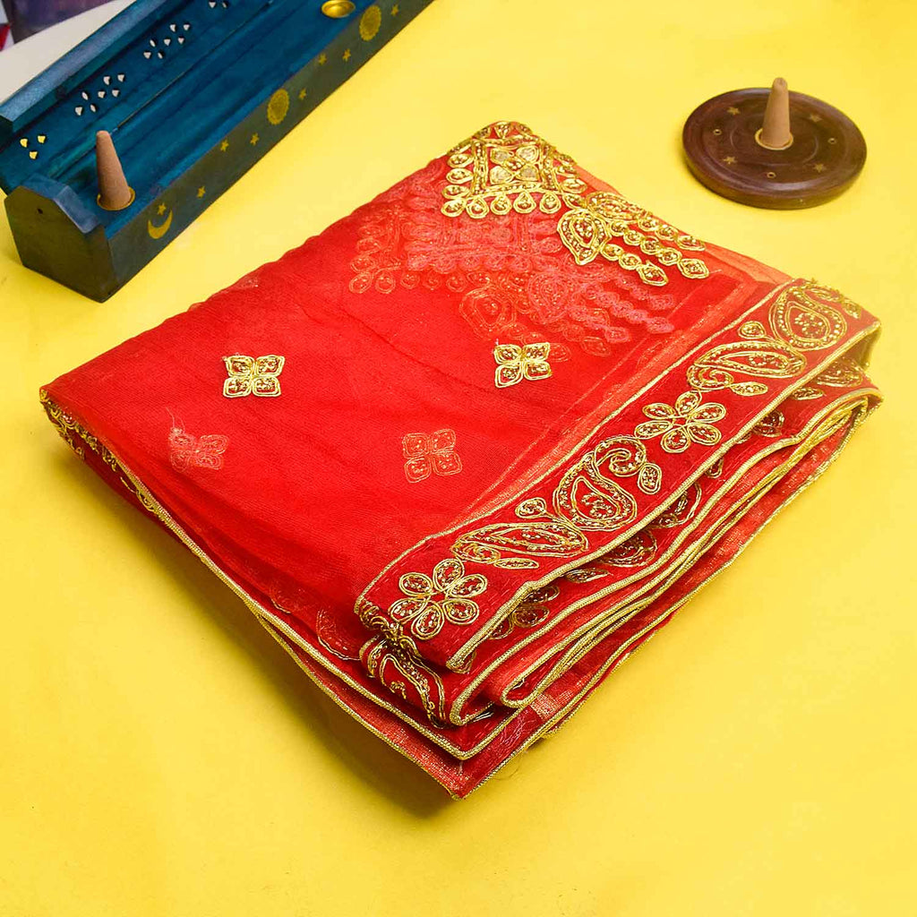 Adorn your pooja altar with this stunning Pink and Gold Mata Chunri, measuring 222 cm x 108 cm. Featuring intricate gold embroidered patterns and a decorative red border, it is perfect for Devi pooja, temple decor, and religious ceremonies during Navratri, Diwali, and other sacred occasions.

Shop now at satvikworld.com for premium Hindu pooja accessories delivered across the USA.