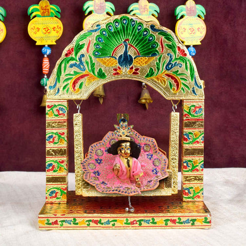 Golden Meenakari Jhula – Arched Crown Peacock Frame for Laddu Gopal – India’s Largest Pooja Accessories Brand – www.satvikworld.com
