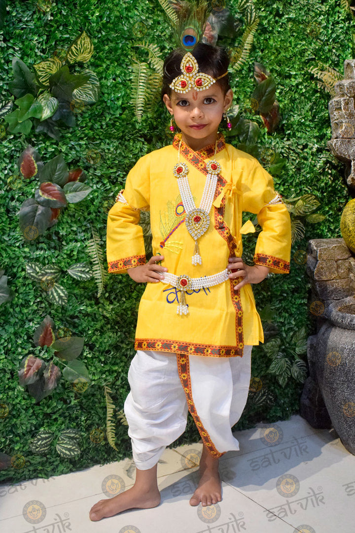 Krishna costume for kids with simple cotton yellow kurti and white dhoti – India’s Largest Pooja Accessories Brand – www.satvikstore.in/www.satvikworld.com