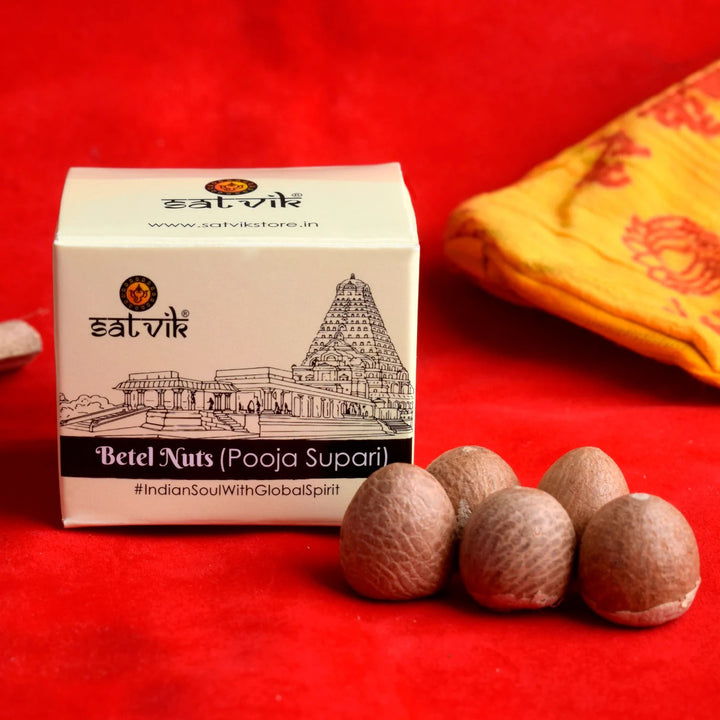  natural Betel Nuts (Pooja Supari) neatly arranged, traditionally used in Hindu religious rituals, offerings, and spiritual ceremonies, ideal for pooja thalis and festive worship. India’s Largest Pooja Accessories Brand – www.satvikworld.com