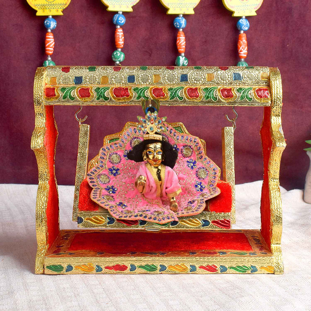 Ornate Meenakari Jhula – Singhasan Style Velvet Cradle for Laddu Gopal – India’s Largest Pooja Accessories Brand – www.satvikworld.com

