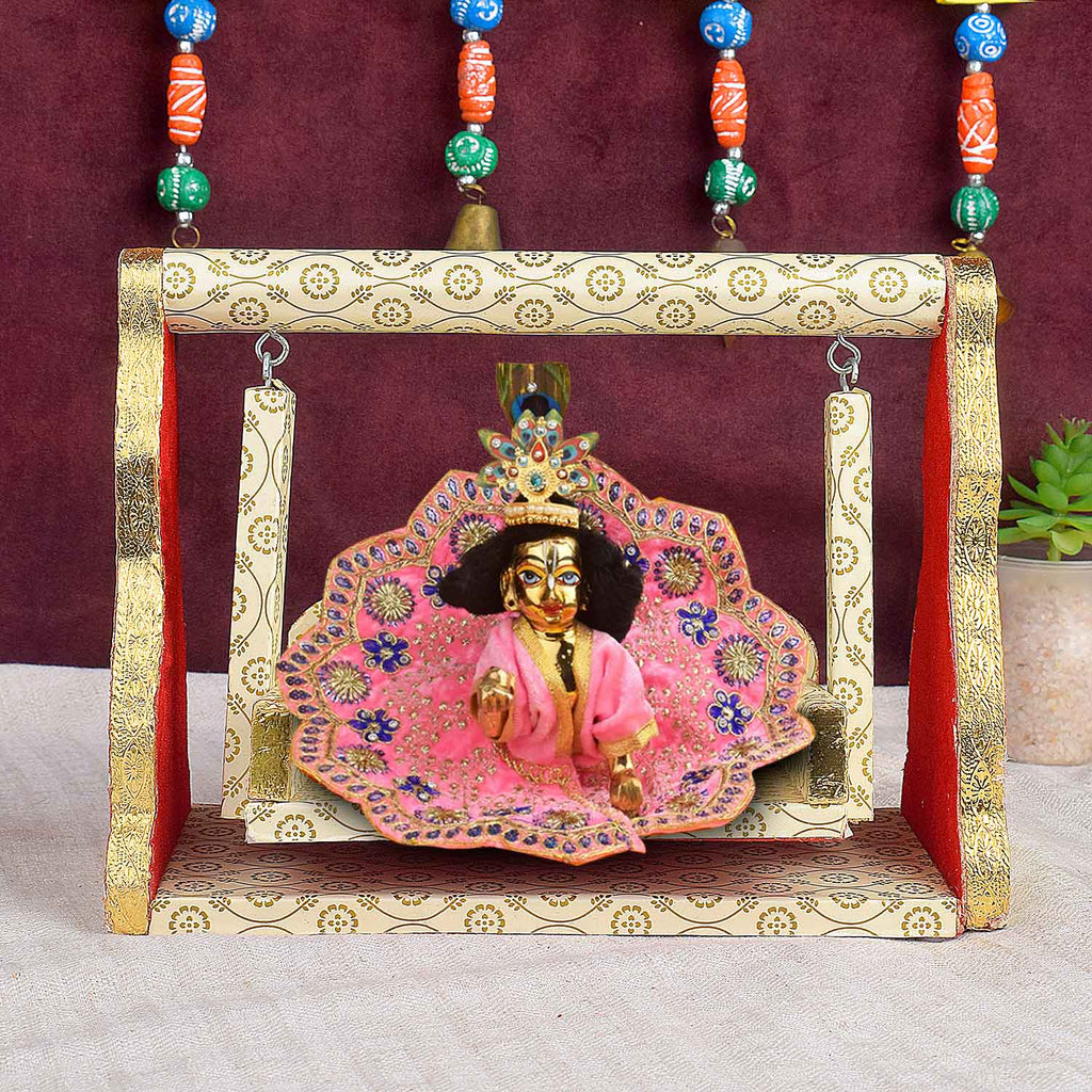 Printed Design Jhula – White & Gold Wooden Swing for Laddu Gopal – India’s Largest Pooja Accessories Brand – www.satvikworld.com