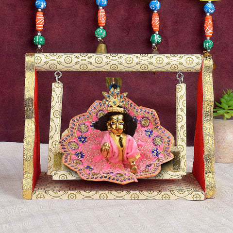 Printed Design Jhula – White & Gold Wooden Swing for Laddu Gopal – India’s Largest Pooja Accessories Brand – www.satvikworld.com