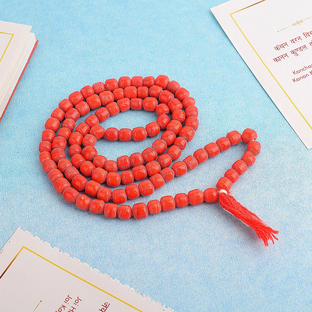 Synthetic Lal Munga (Blood Stone) Mala with Medium Beads, designed for spiritual practices, meditation, and mantra chanting. The striking red stone beads are believed to promote vitality and strength. India’s Largest Pooja Accessories Brand – www.satvikworld.com