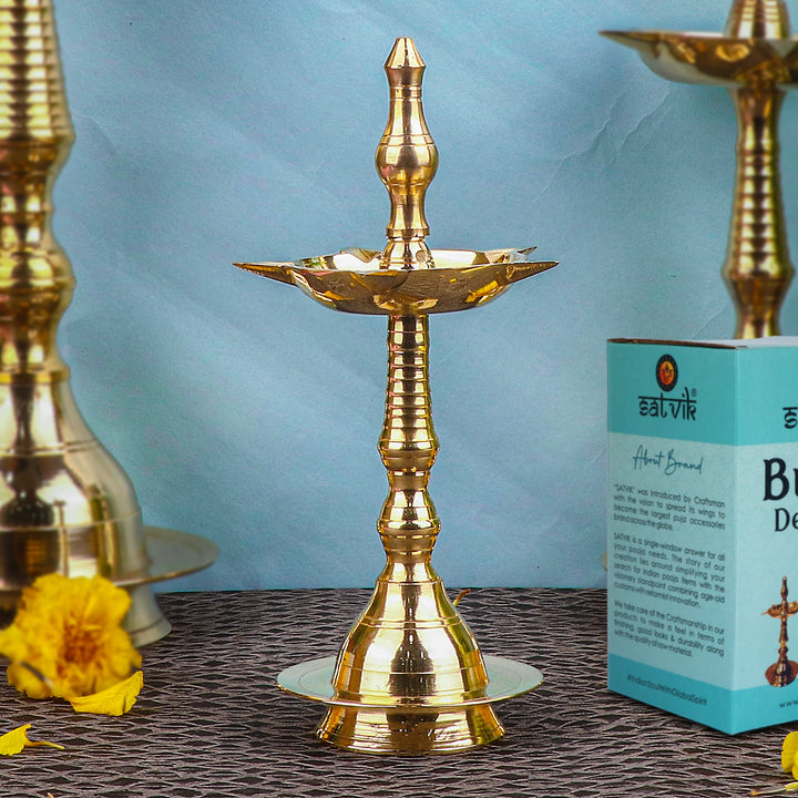 12.5/13 Inch Beautiful Brass Kerala Inauguration Diya Deepam – Majestic brass diya, perfect for inaugurations, pooja ceremonies, and home decor. India’s Largest Pooja Accessories Brand – www.satvikstore.in

