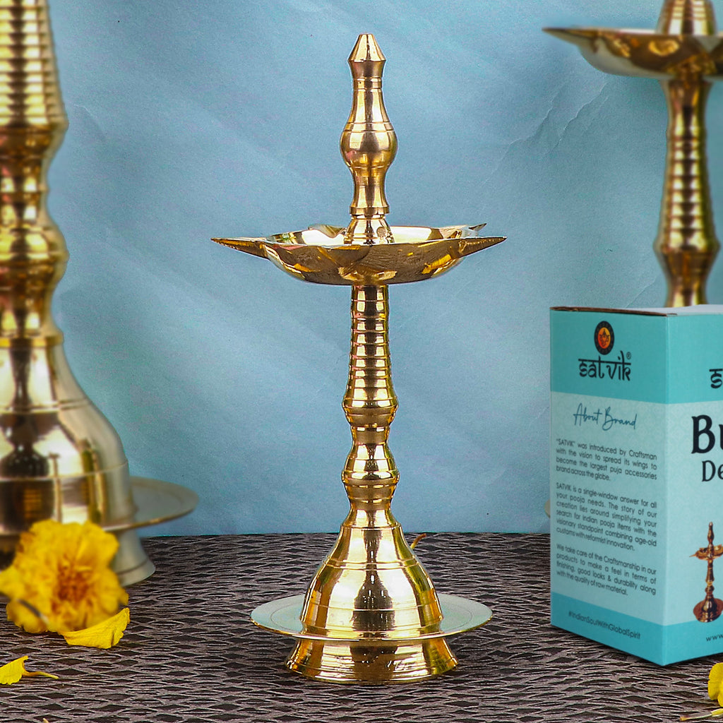 7 Inch Traditional Brass Kerala Diya – Elegant small brass diya, perfect for pooja ceremonies, spiritual rituals, and home decor. India’s Largest Pooja Accessories Brand – www.satvikstore.in