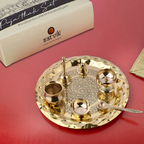 Shop 7 Piece Brass Pooja Thali Set (10 inch) featuring exquisite Kashmiri art – Design 4. Ideal for festive rituals, daily worship, and traditional gifting with cultural elegance - Satvikworld.com