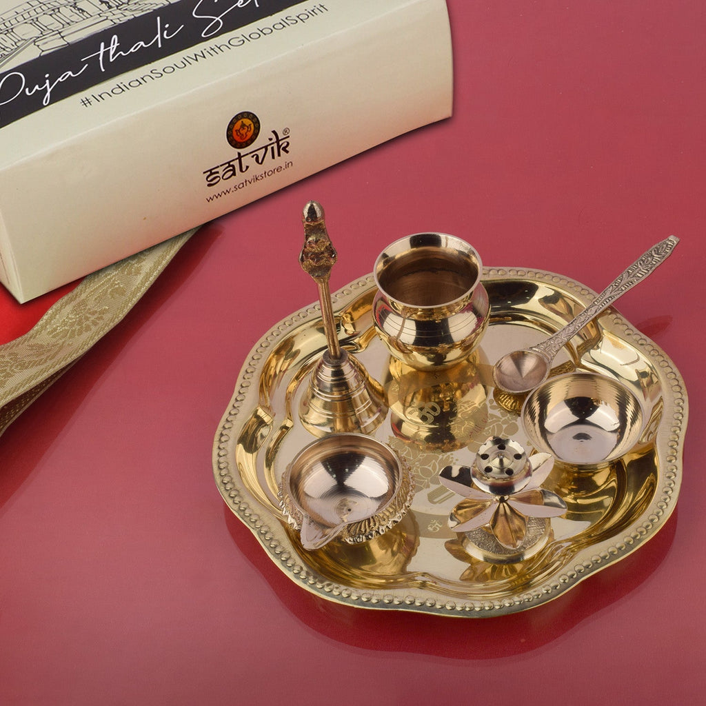 Buy 7 Piece Brass Pooja Thali Set (7.5–8 inch) with Om, Laxmi, and Ganesh design – perfect for daily pooja, Diwali rituals, and auspicious spiritual gifting - Satvikworld.com