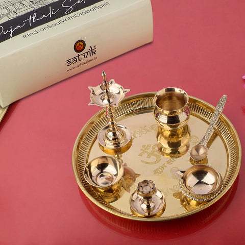 7 Piece Brass Om Shubh Labh Pooja Thali Set (9 Inch - 10 Inch) Design 5 Ideal for Diwali, Lakshmi Pooja, daily rituals, and gifting for prosperity and blessings - Satvikworld.com