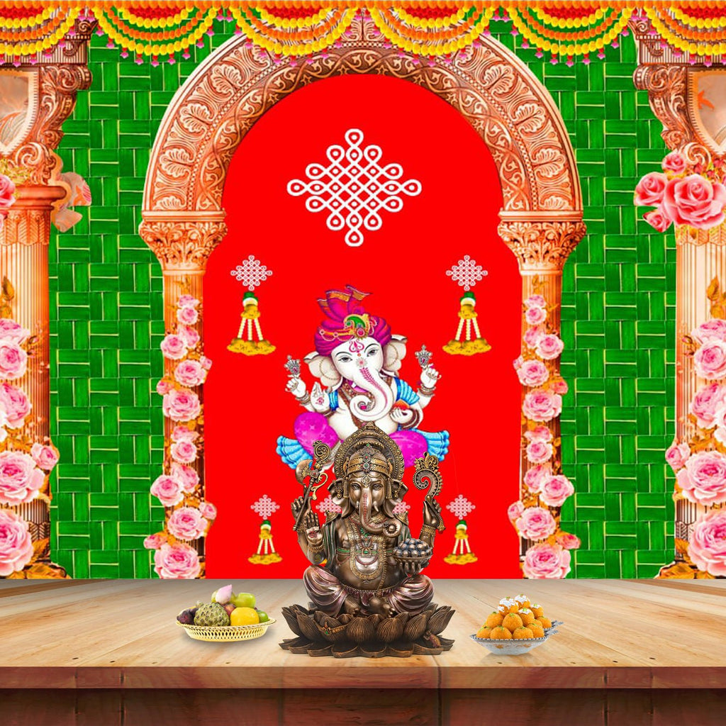 Backdrop Cloth with Ganesh Printed on Banana Leaf Design – Ideal for mandir and festive pooja decoration. India’s Largest Pooja Accessories Brand – www.satvikworld.com