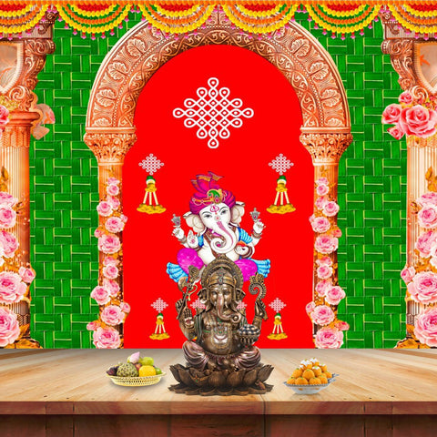 Backdrop Cloth with Ganesh Printed on Banana Leaf Design – Ideal for mandir and festive pooja decoration. India’s Largest Pooja Accessories Brand – www.satvikworld.com