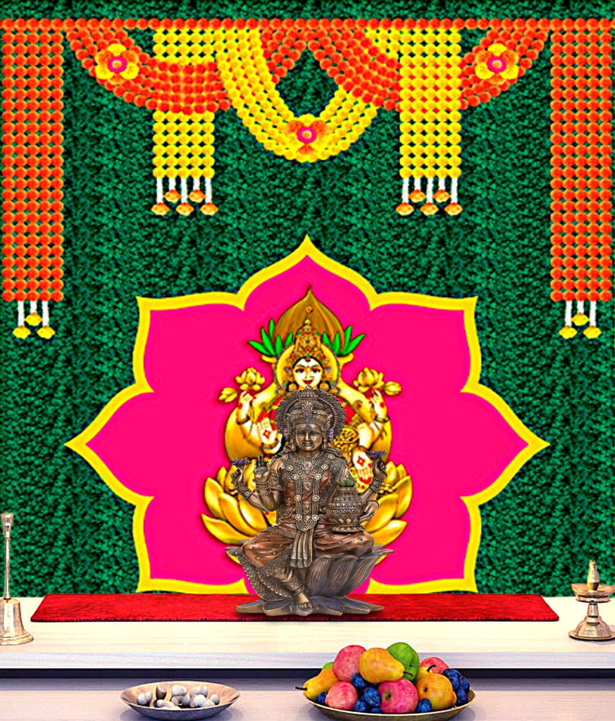 Backdrop Cloth with Goddess Laxmi Printed on Banana Leaf Design – Perfect for temple and pooja decor.
India’s Largest Pooja Accessories Brand – www.satvikworld.com