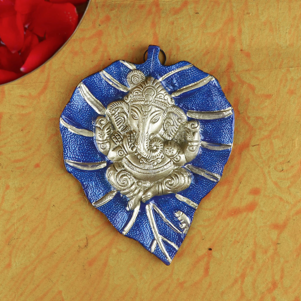 Blue Lord Ganesh on Leaf Patta Wall Hanging – Decorative spiritual wall art for home and temple. India’s Largest Pooja Accessories Brand – www.satvikworld.com