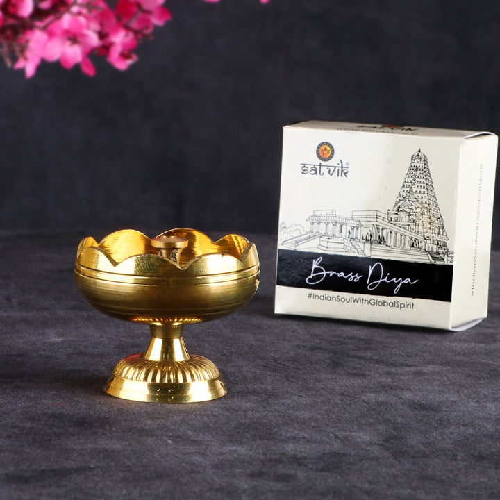 Designer Pure Brass Diya (Large) – Elegantly crafted large brass oil lamp with intricate detailing, perfect for festive decorations and daily puja rituals. India’s Largest Pooja Accessories Brand – www.satvikworld.com