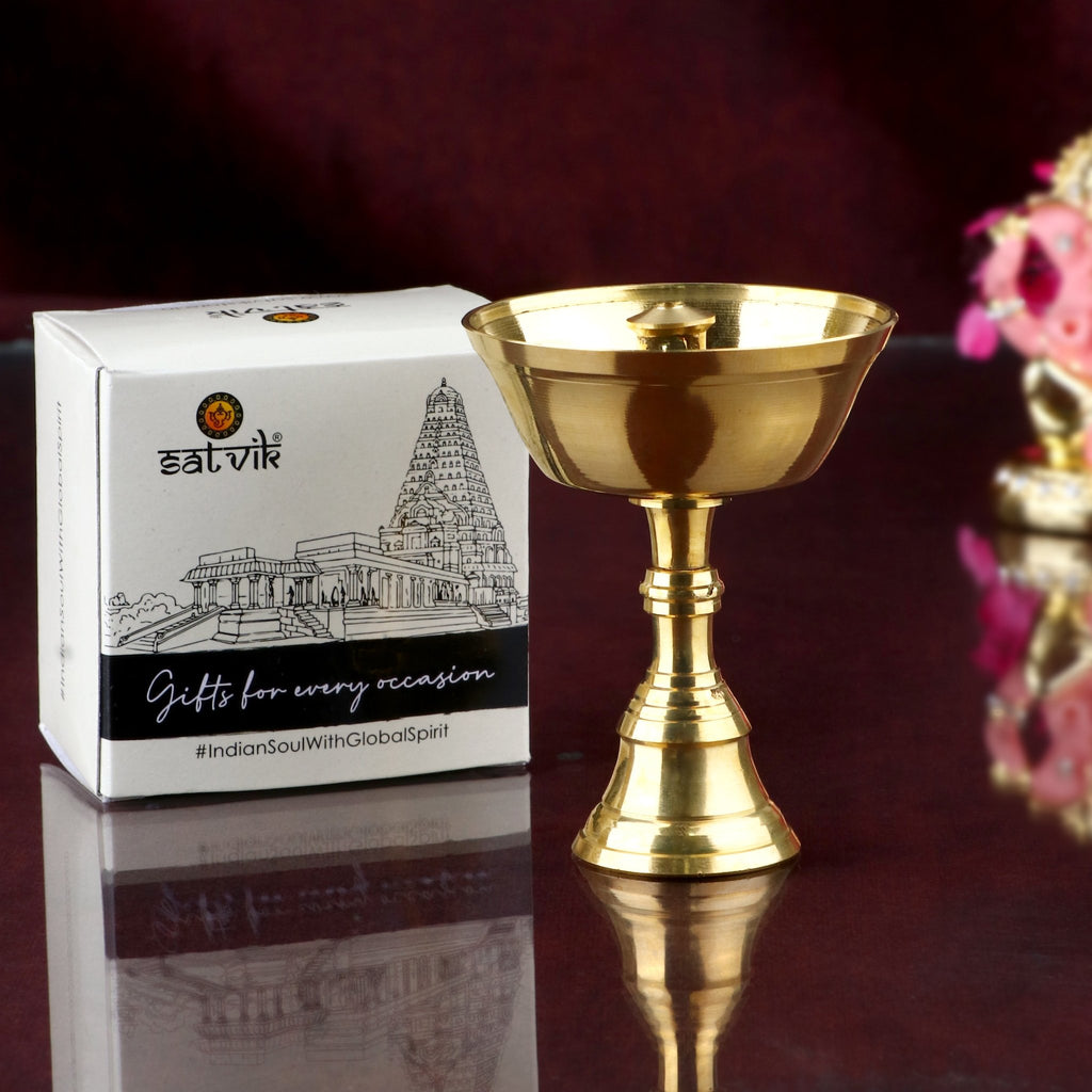 Brass Tibetan Butter Lamp Diya (Small) – A traditional Buddhist altar diya made of pure brass, ideal for rituals, prayers, and meditation offerings, designed in a compact size for spiritual ambiance. India’s Largest Pooja Accessories Brand – www.satvikworld.com