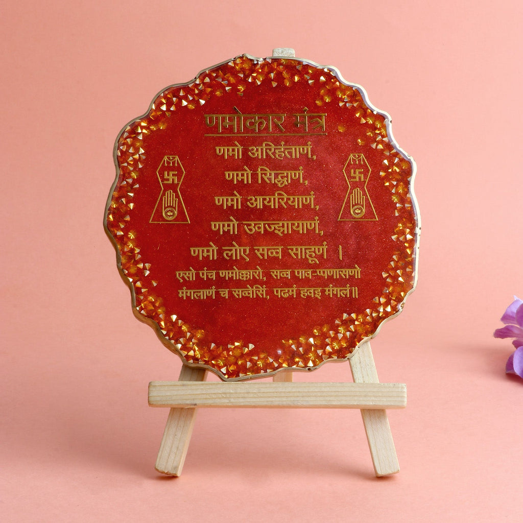 Decorative Namokar Mantra epoxy frame with elegant stand for table or wall display. India’s Largest Pooja Accessories Brand – www.satvikworld.com