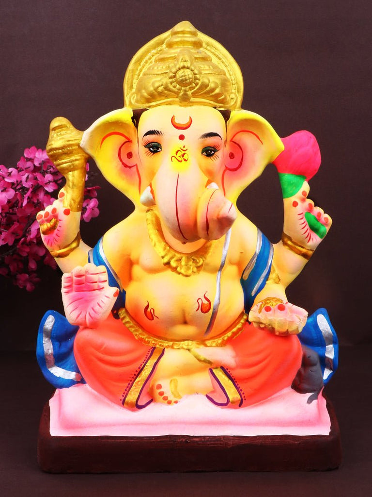 8.7 Inch Eco-Friendly Shuban Ganesha Idol in Dagdusheth Pose, made of natural Shadu clay and designed with intricate traditional detailing. India’s Largest Pooja Accessories Brand – www.satvikworld.com