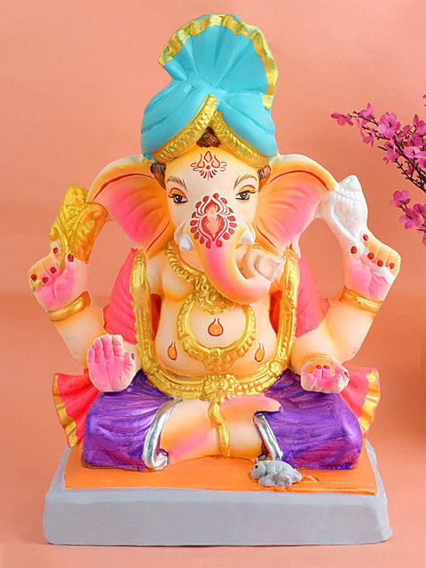 13.5 Inch Gajrup Eco-Friendly Ganesha Idol with traditional pagdi, seated royally, handcrafted from Shadu clay.India’s Largest Pooja Accessories Brand – www.satvikworld.com