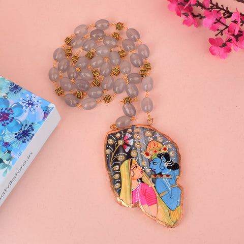 Hand Painted Agate Radha Krishna Necklace with intricate spiritual artwork on polished stone India’s Largest Pooja Accessories Brand – www.satvikworld.com