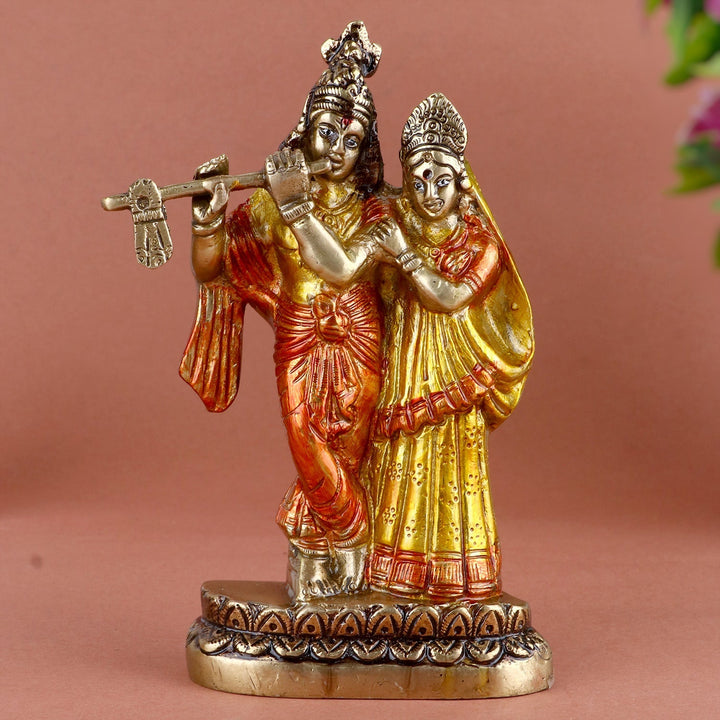 Beautiful Radha Krishna colorful brass idol, exquisitely crafted with vibrant colors to depict the divine love and harmony between Radha and Krishna. Ideal for home temples, worship spaces, or as a thoughtful gift. India’s Largest Pooja Accessories Brand – www.satvikworld.com