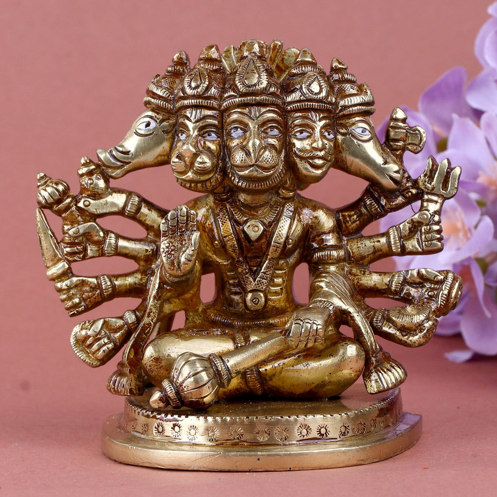 Brass Panchmukhi Hanuman statue, depicting Lord Hanuman with five faces, symbolizing divine strength, protection, and blessings. Ideal for pooja rooms and spiritual spaces. India’s Largest Pooja Accessories Brand – www.satvikworld.com
